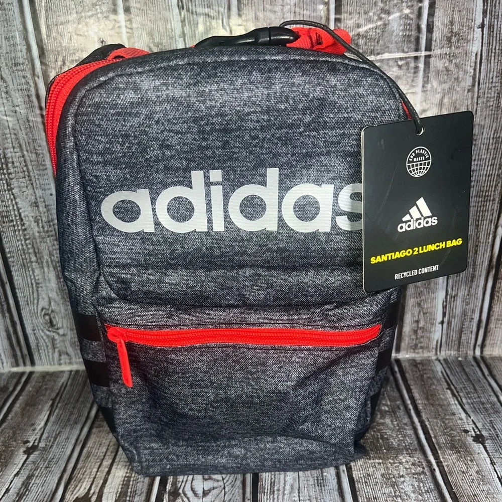 Adidas Insulated Lunch Bag Front Zip Pocket,‎ Clip Handle Dark Gray & Red NEW!